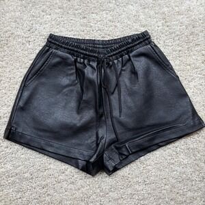 Garota Black Vegan Faux Leather Drawstring Shorts Elastic Waist Pockets  XS